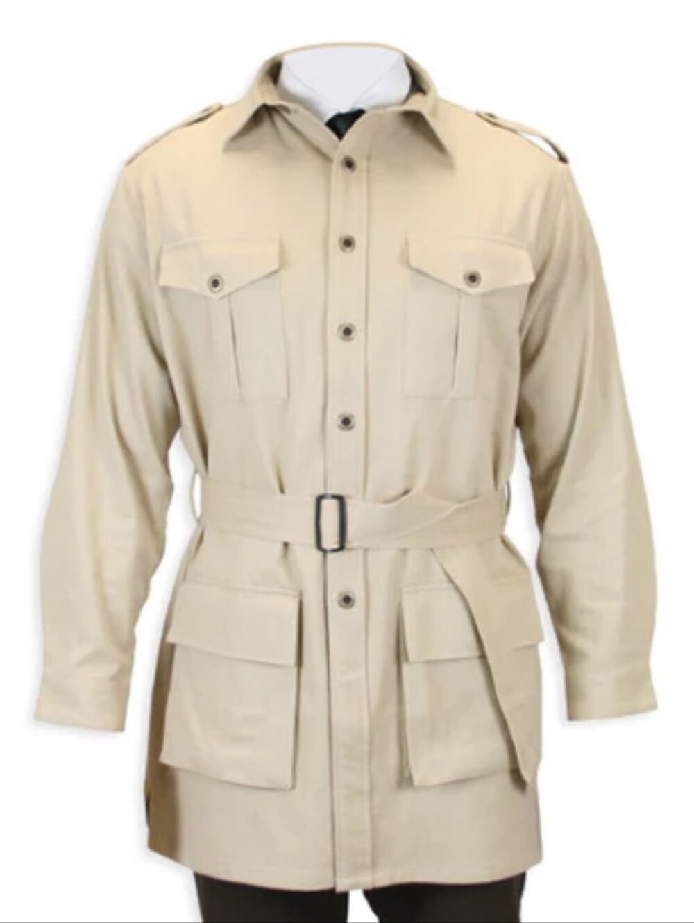 Men's Khaki Military-Style Safari Field Jacket with Belt